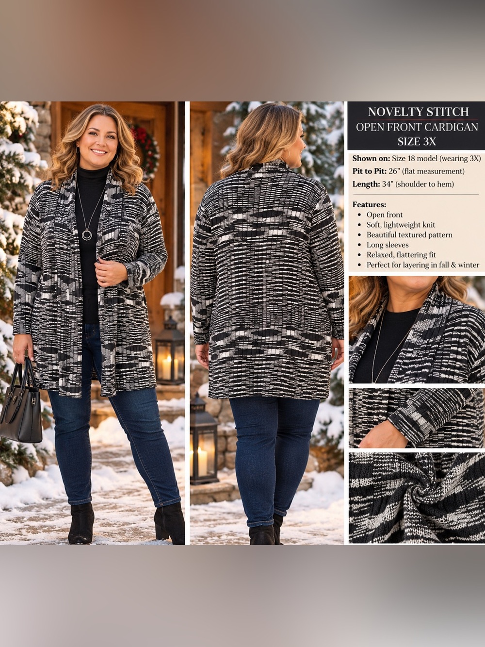 Open-Front Novelty Stitch Cardigan in Black & White